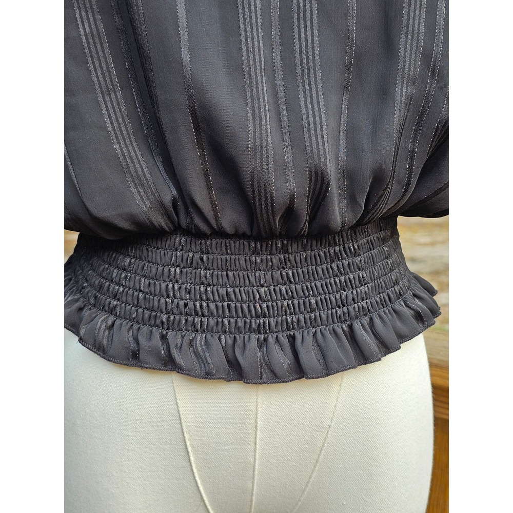 Shinestar Black Shimmer Striped Smocked High Neck Blouse Large Flutter Sleeve - Picture 3 of 8